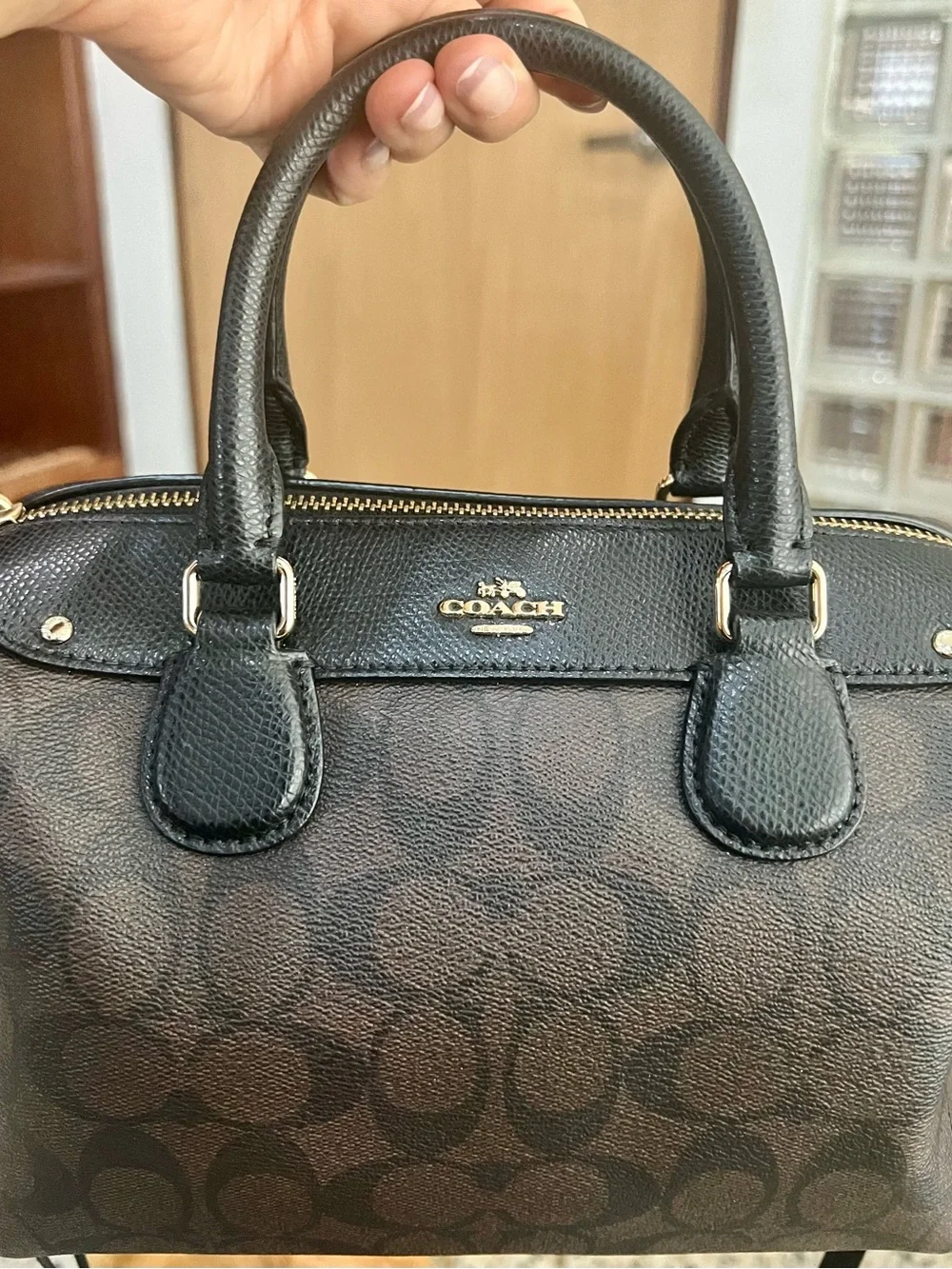 Coach Signature Satchel Top Handle Bag Brown Black Zip Closure Gold Hardware